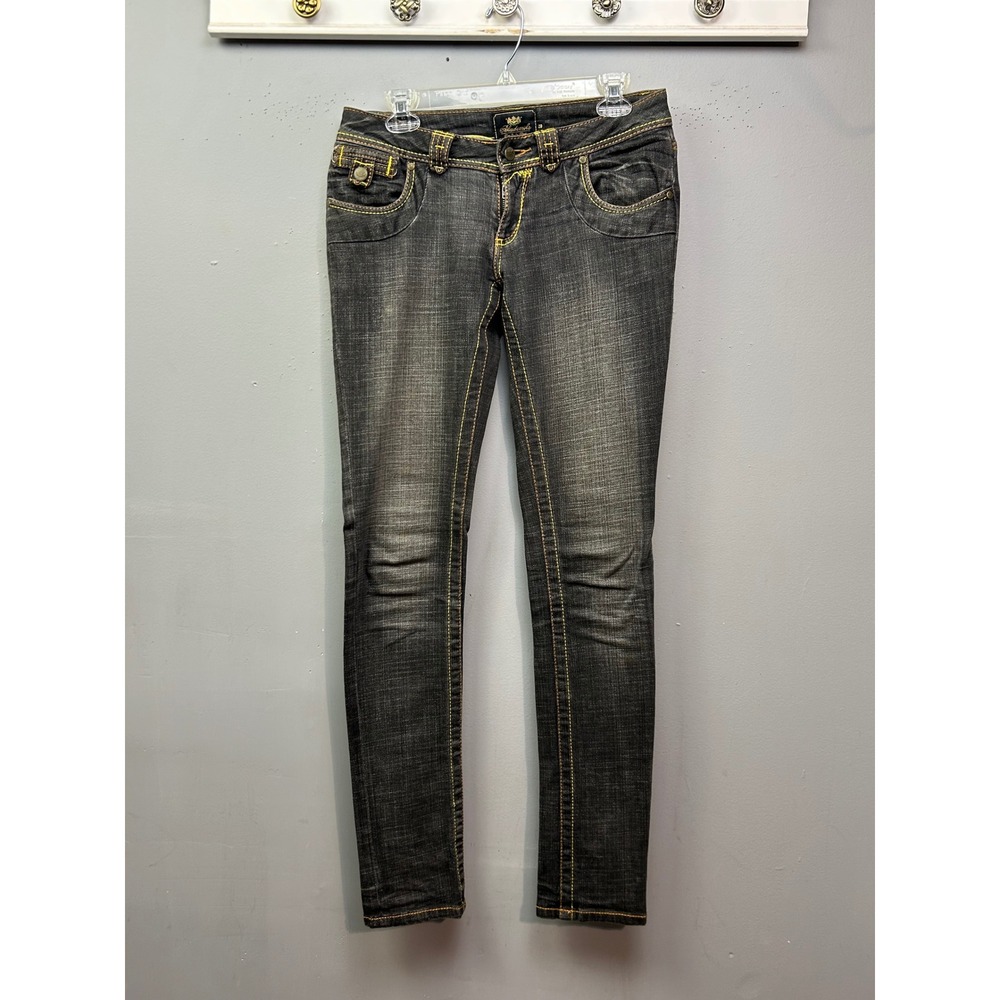 Akademiks Jeans Women 28 Black Skinny‎ Low Rise Contrast Stitch Y2K Streetwear
